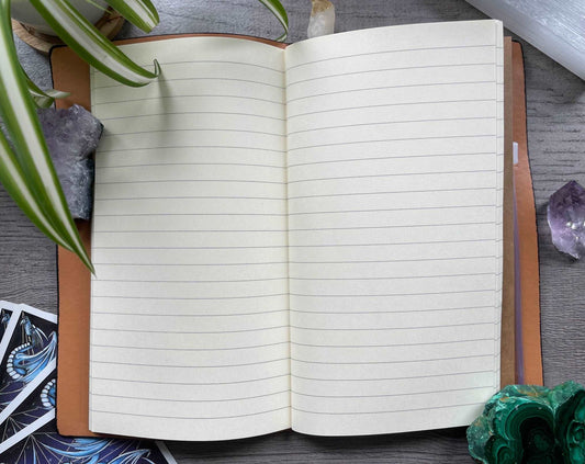 Pictured is a faux leather refillable notebook with a crystal. Faux Leather Spiritual Symbols Refillable Notebook (Black) inside