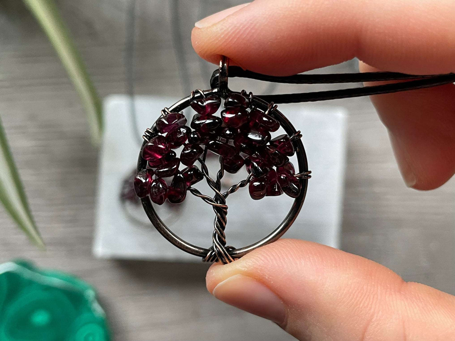 Garnet Crystal Wire-Wrapped Tree Of Life Necklace