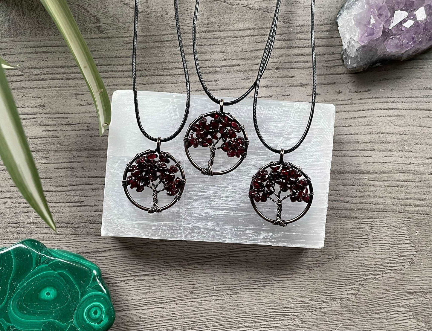 Garnet Crystal Wire-Wrapped Tree Of Life Necklace selection