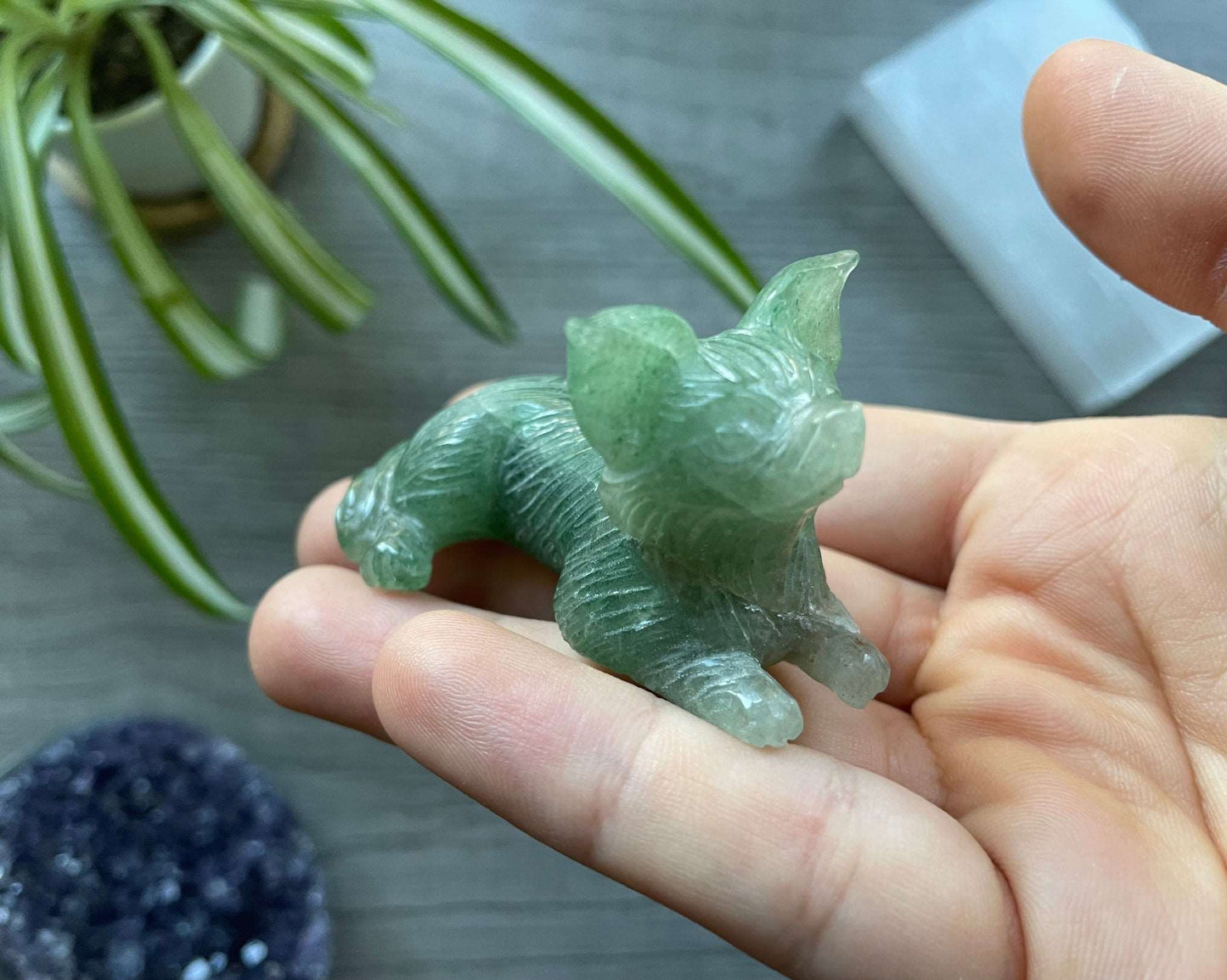 Green Aventurine Dog (Pomeranian / Long-haired Chihuahua) Crystal Carving front