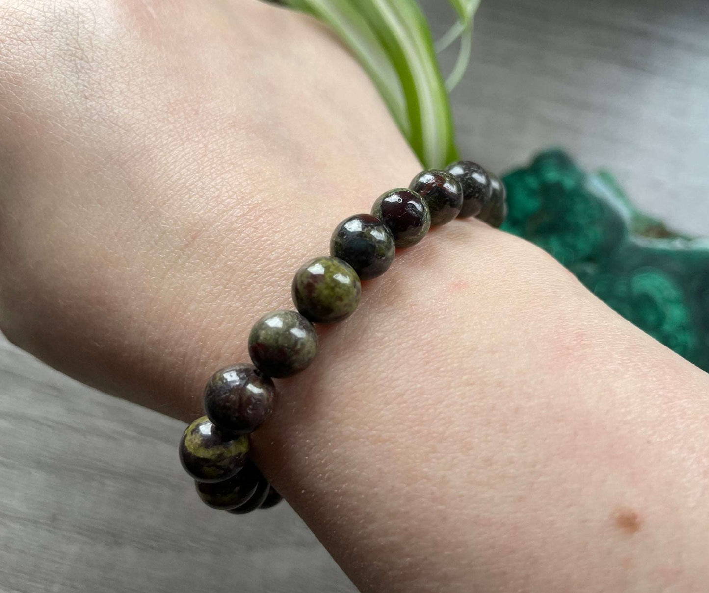 Dragon Bloodstone Bracelet 8.5mm - The Wandering Fox Emporium, Your Crystal Store close up