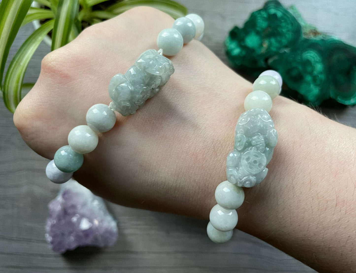 Genuine Hetian Jade Bracelet with Pixiu 10mm - The Wandering Fox Emporium, Your Crystal Store close up
