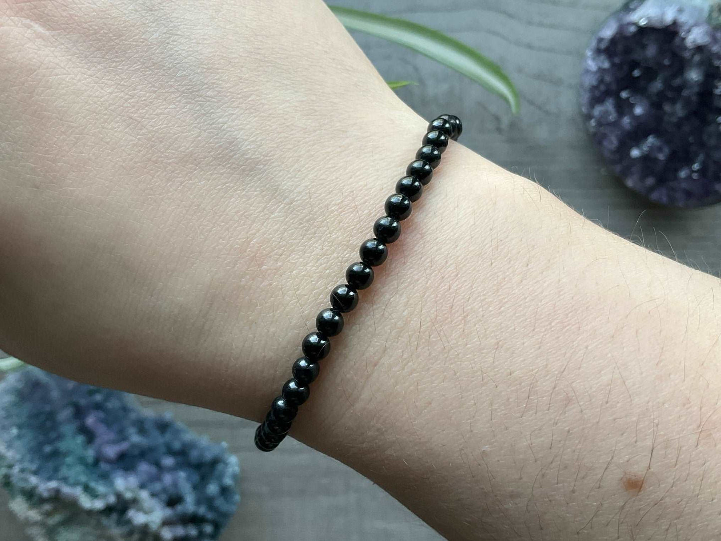 Black Tourmaline Bracelet 4mm - The Wandering Fox Emporium, Your Crystal Store close up