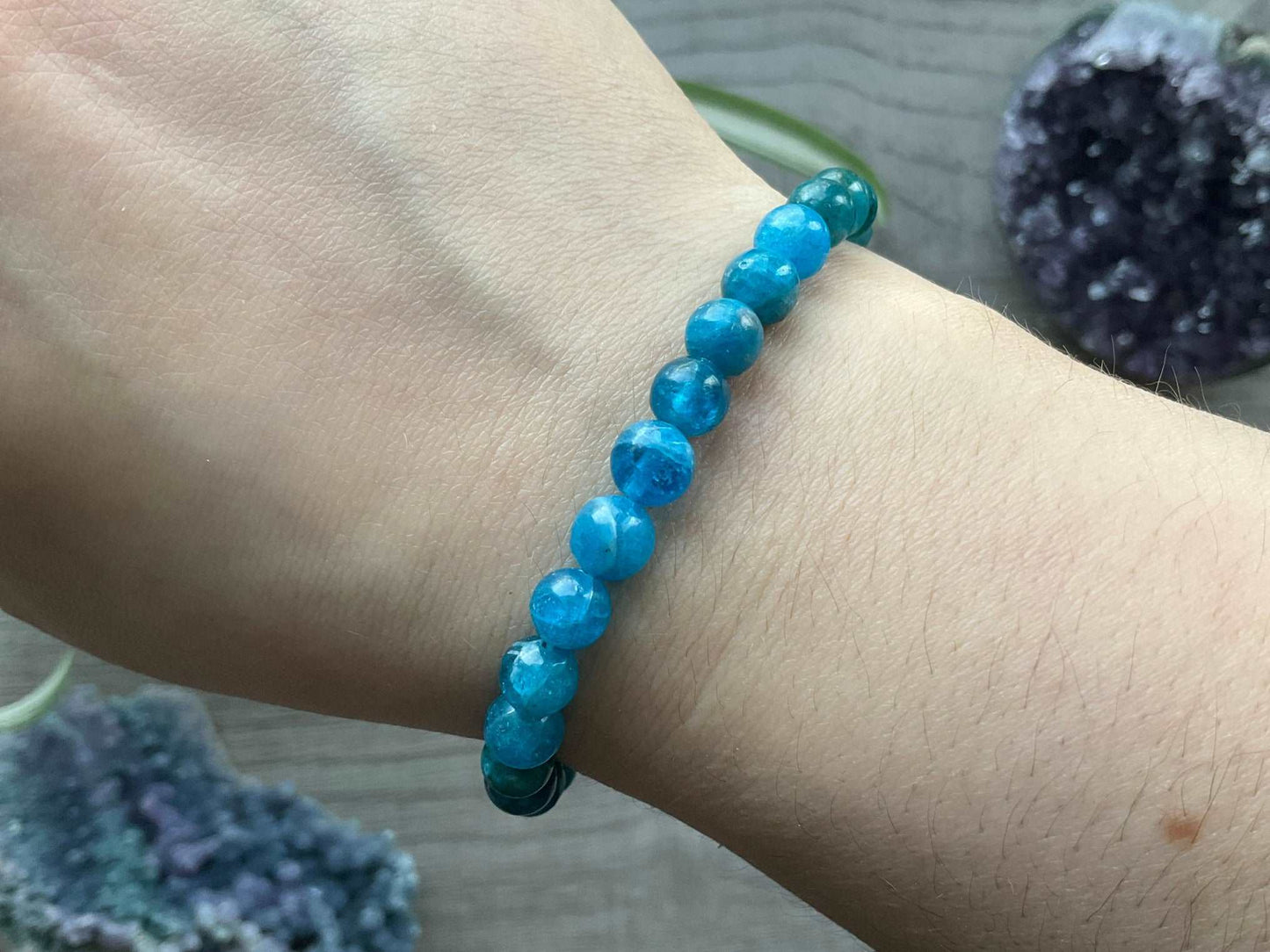 Blue Apatite Bracelet 6.5mm - The Wandering Fox Emporium, Your Crystal Store close up