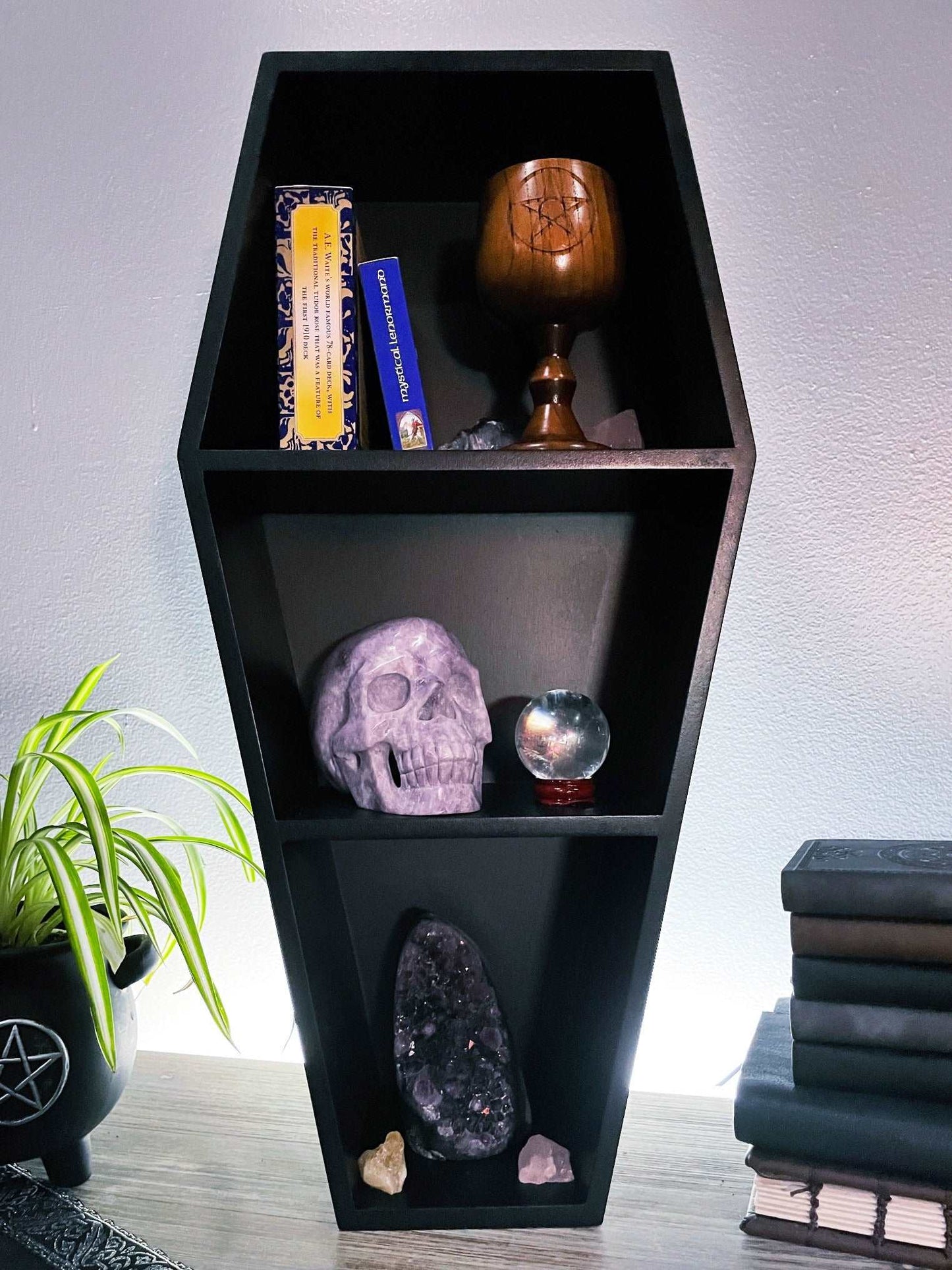 Pictured is a shelving unit shaped like a black coffin. Coffin Shelving Unit