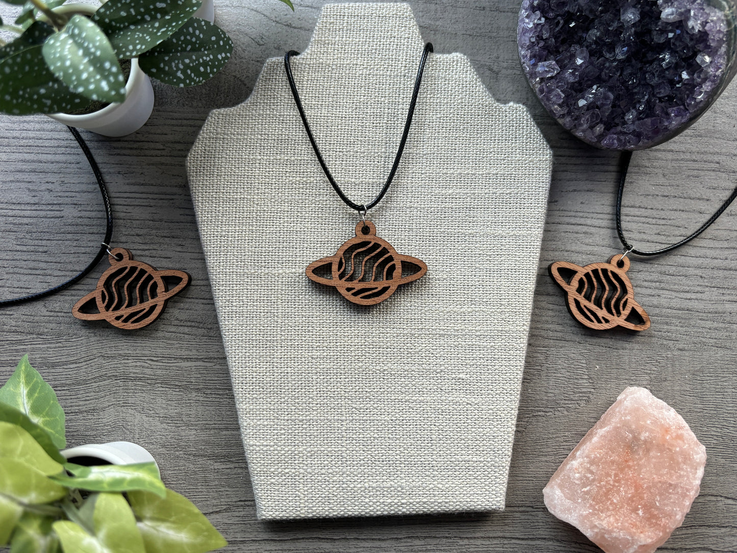 Mahogany Saturn Necklace close up