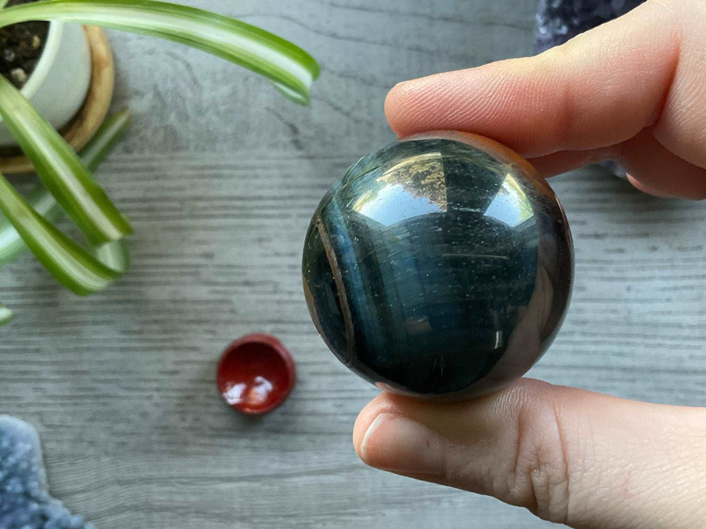 Blue Tiger's Eye Sphere - 40mm (A) - The Wandering Fox Emporium, Your Crystal Store side