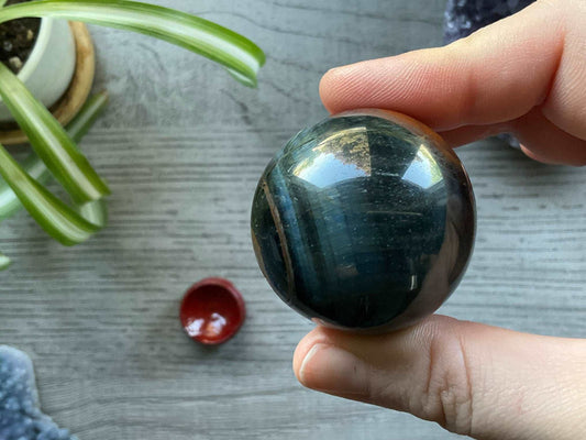 Blue Tiger's Eye Sphere - 40mm (A) - The Wandering Fox Emporium, Your Crystal Store side