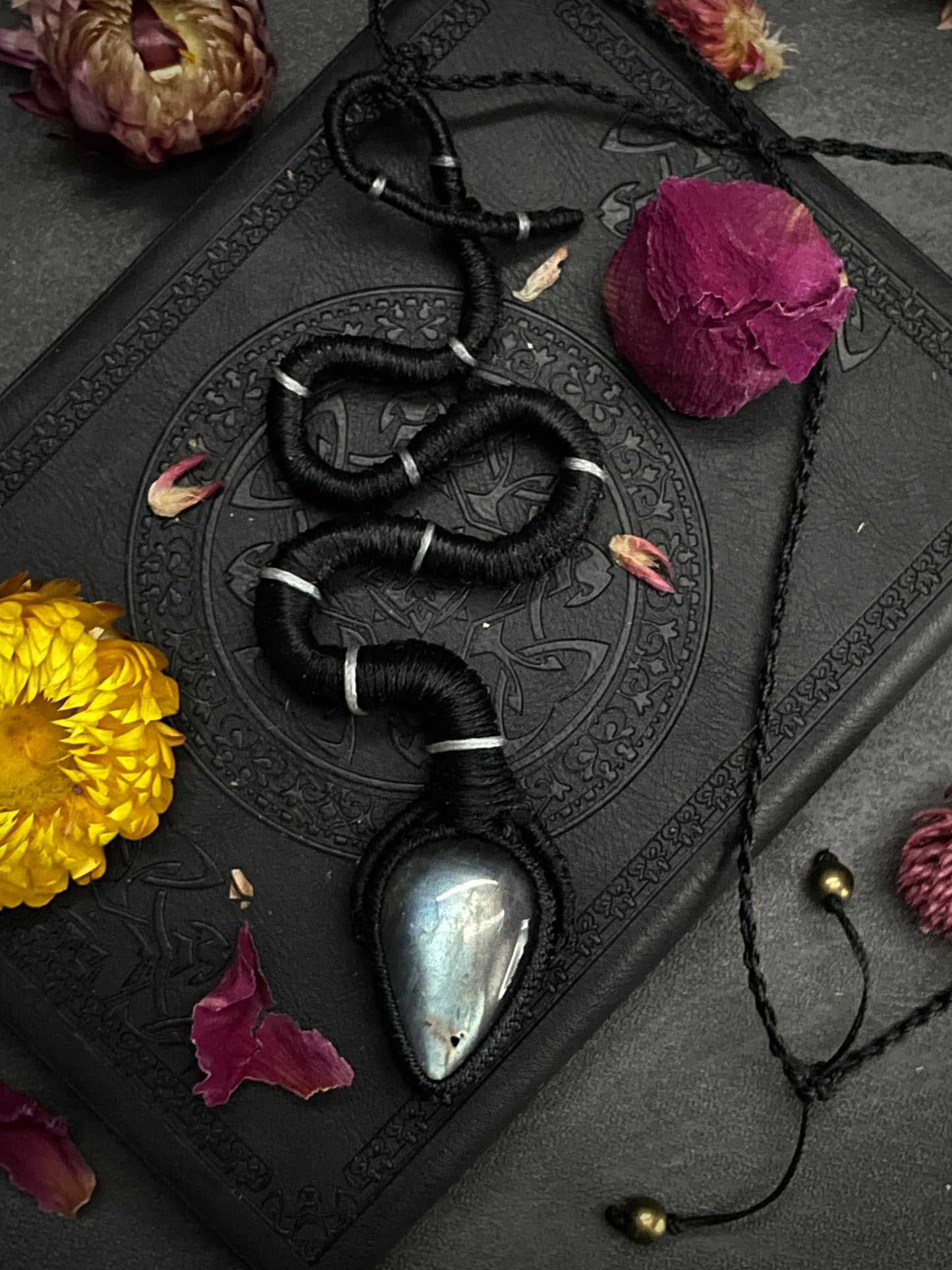 Labradorite Serpent Teardrop Macramé Necklace (Twisted Nightshade Jewellery) Snake - The Wandering Fox Emporium, Your Crystal Store