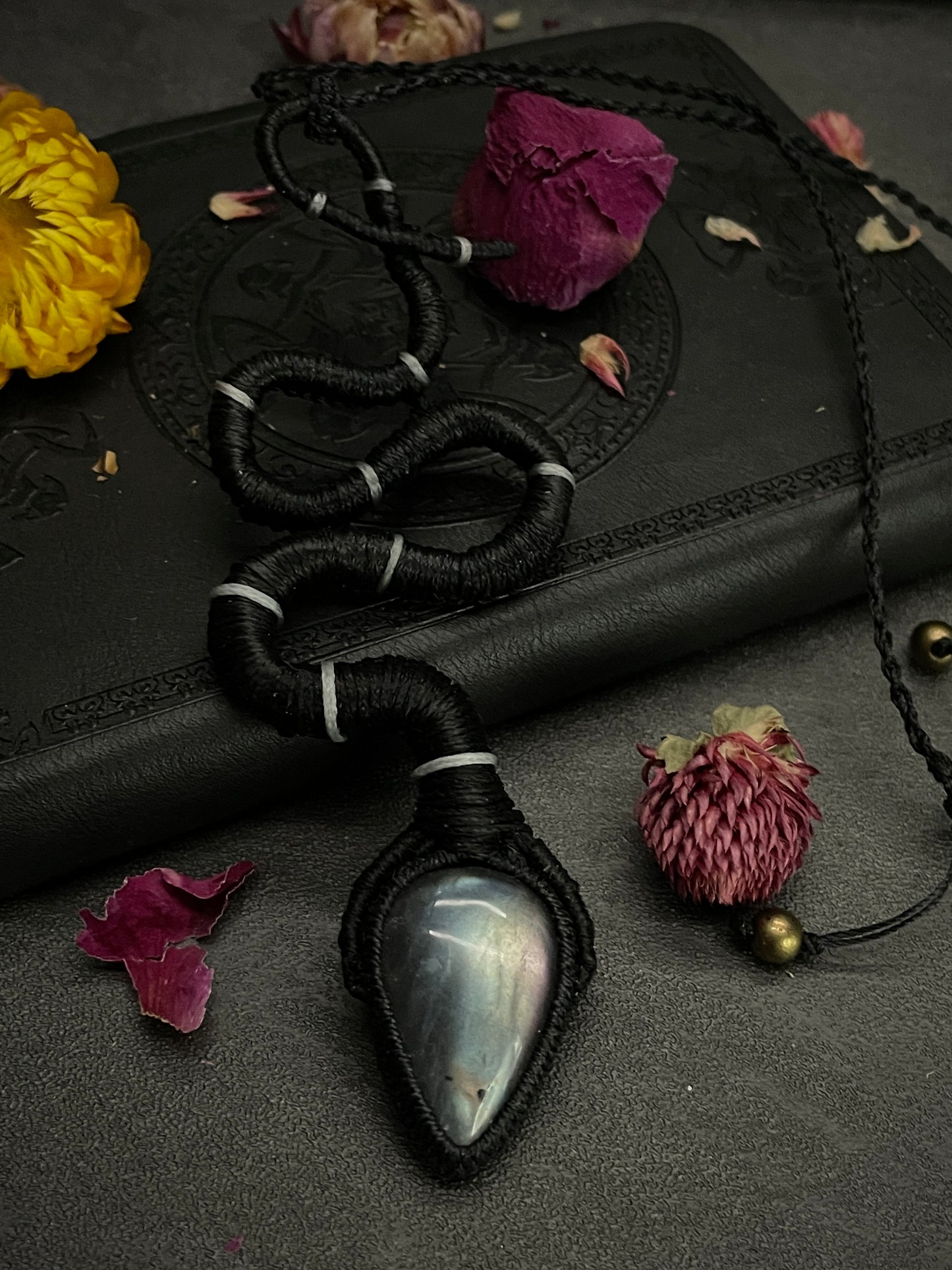 Labradorite Serpent Teardrop Macramé Necklace (Twisted Nightshade Jewellery) Snake - The Wandering Fox Emporium, Your Crystal Store front