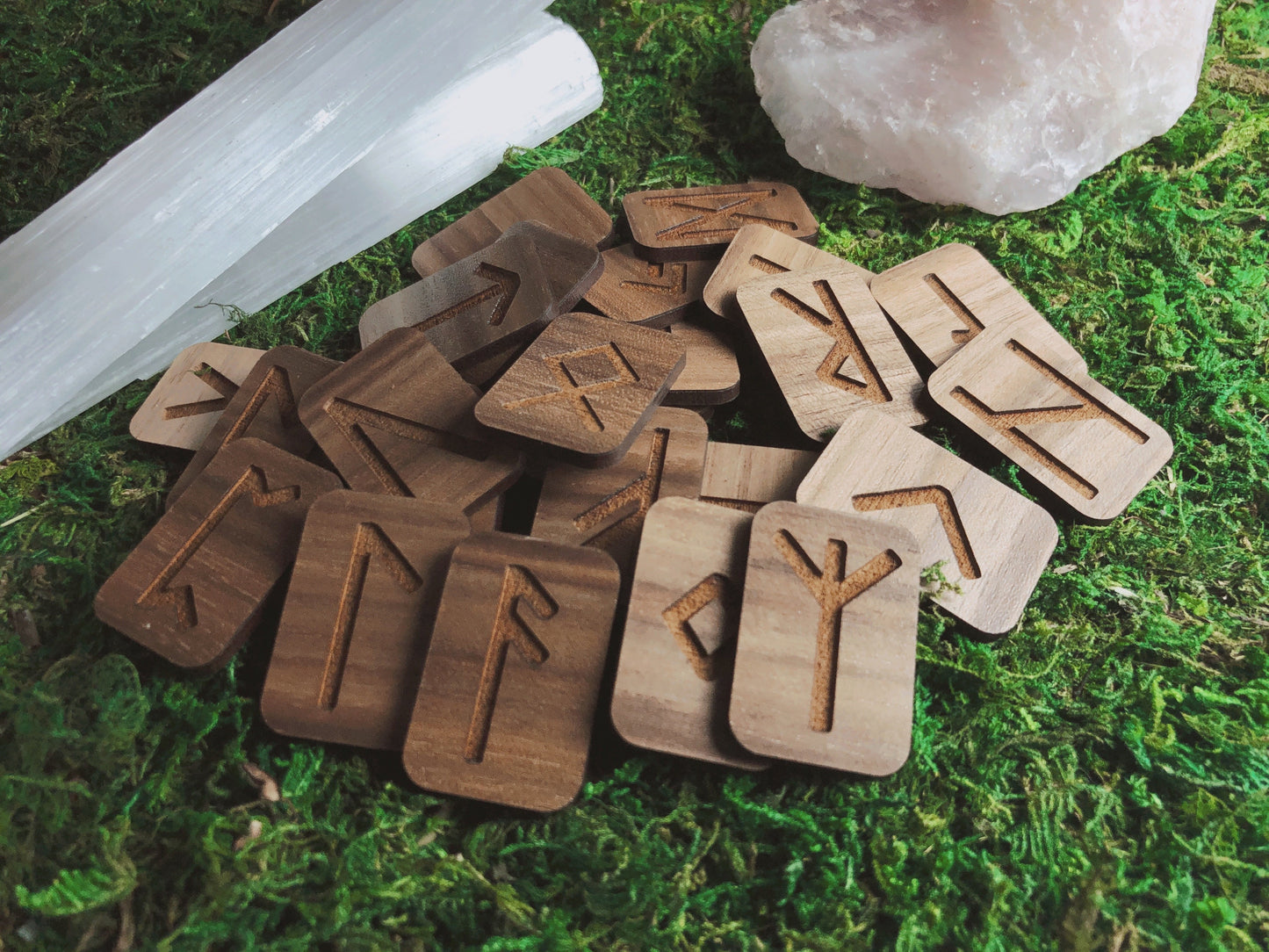 Pictures are handmade wood tile runes. Walnut Wood Elder Futhark Rune Set