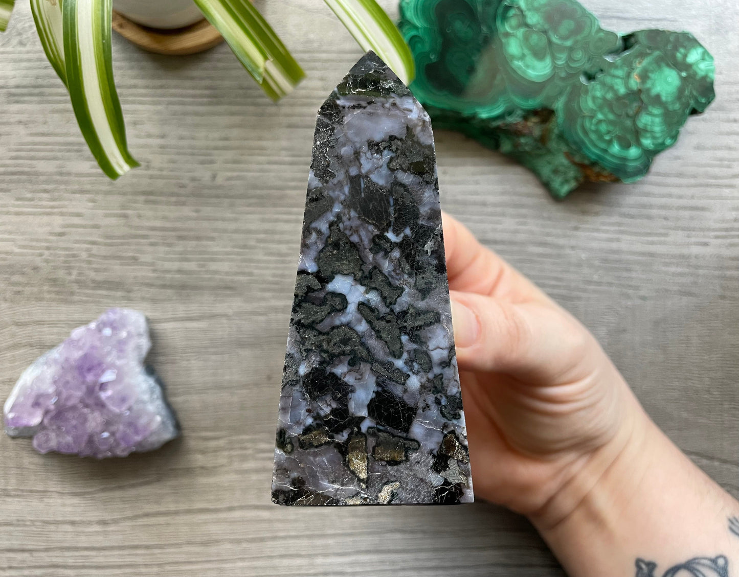 Mystic Merlinite (Indigo Gabbro) Crystal Obelisk (D) side 2