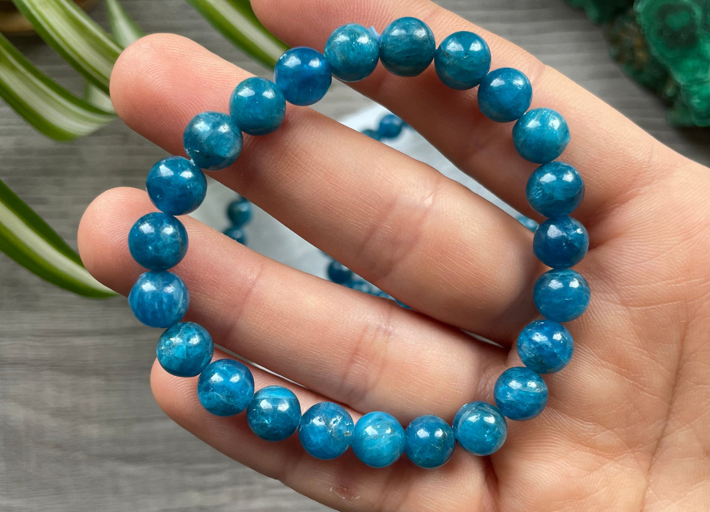 High-Quality Blue Apatite Bracelet 8mm - The Wandering Fox Emporium, Your Crystal Store close up