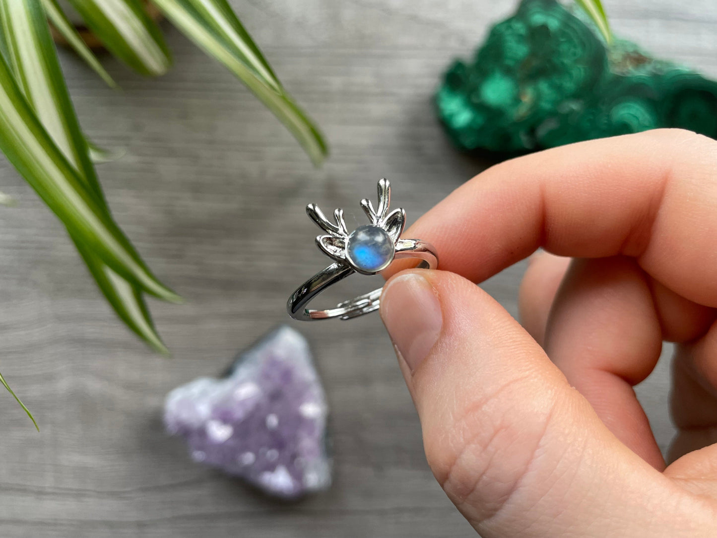 Pictured is a labradorite gemstone set in an S925 sterling silver ring. Labradorite Deer Ring - The Wandering Fox Emporium, Your Crystal Store side