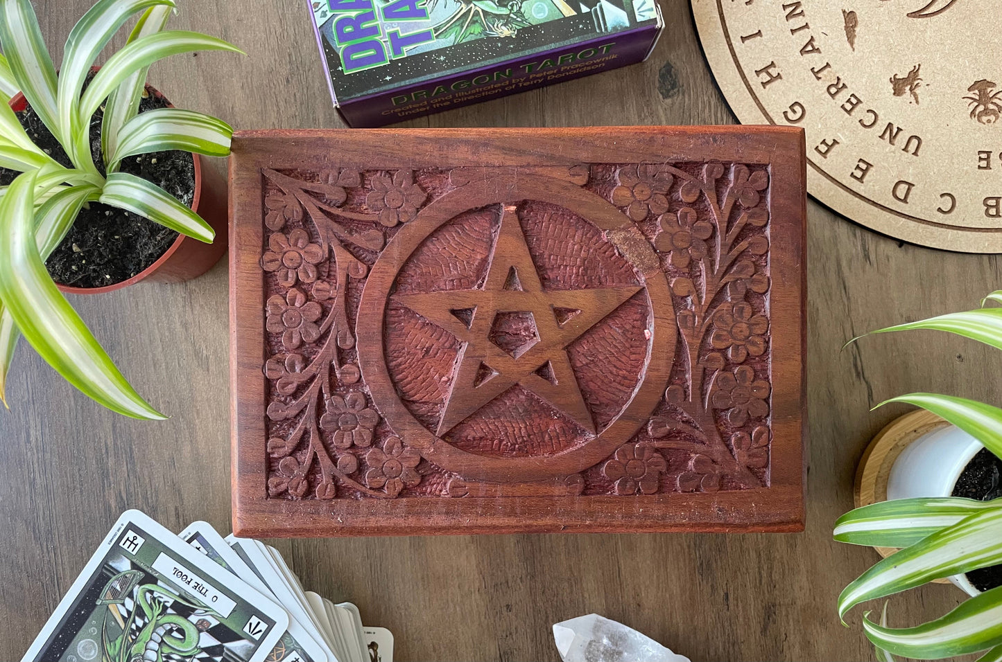 Pictured is hand-carved wood box with the pentacle symbol in the middle. Pentacle Carved Wooden Box