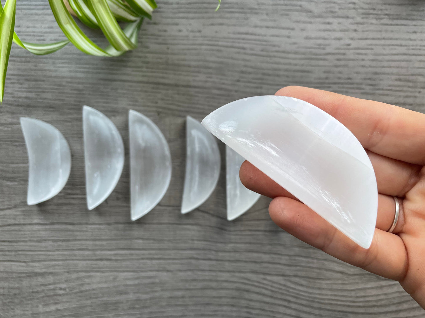 Pictured is a crescent-shaped bowl carved out of selenite. Mini Selenite (Satin Spar) Crystal Moon Bowls close up