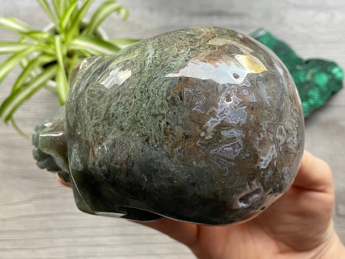 Moss Agate Crystal Skull (1.15kg) - The Wandering Fox Emporium, Your Metaphysical Store top