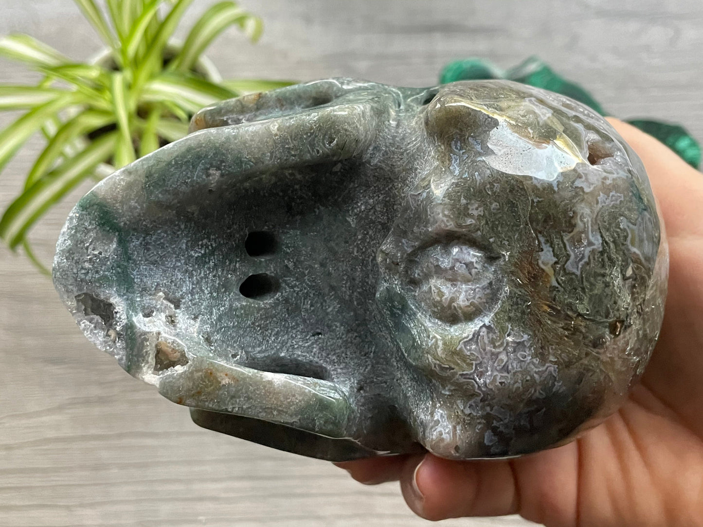 Moss Agate Crystal Skull (1.15kg) - The Wandering Fox Emporium, Your Metaphysical Store bottom