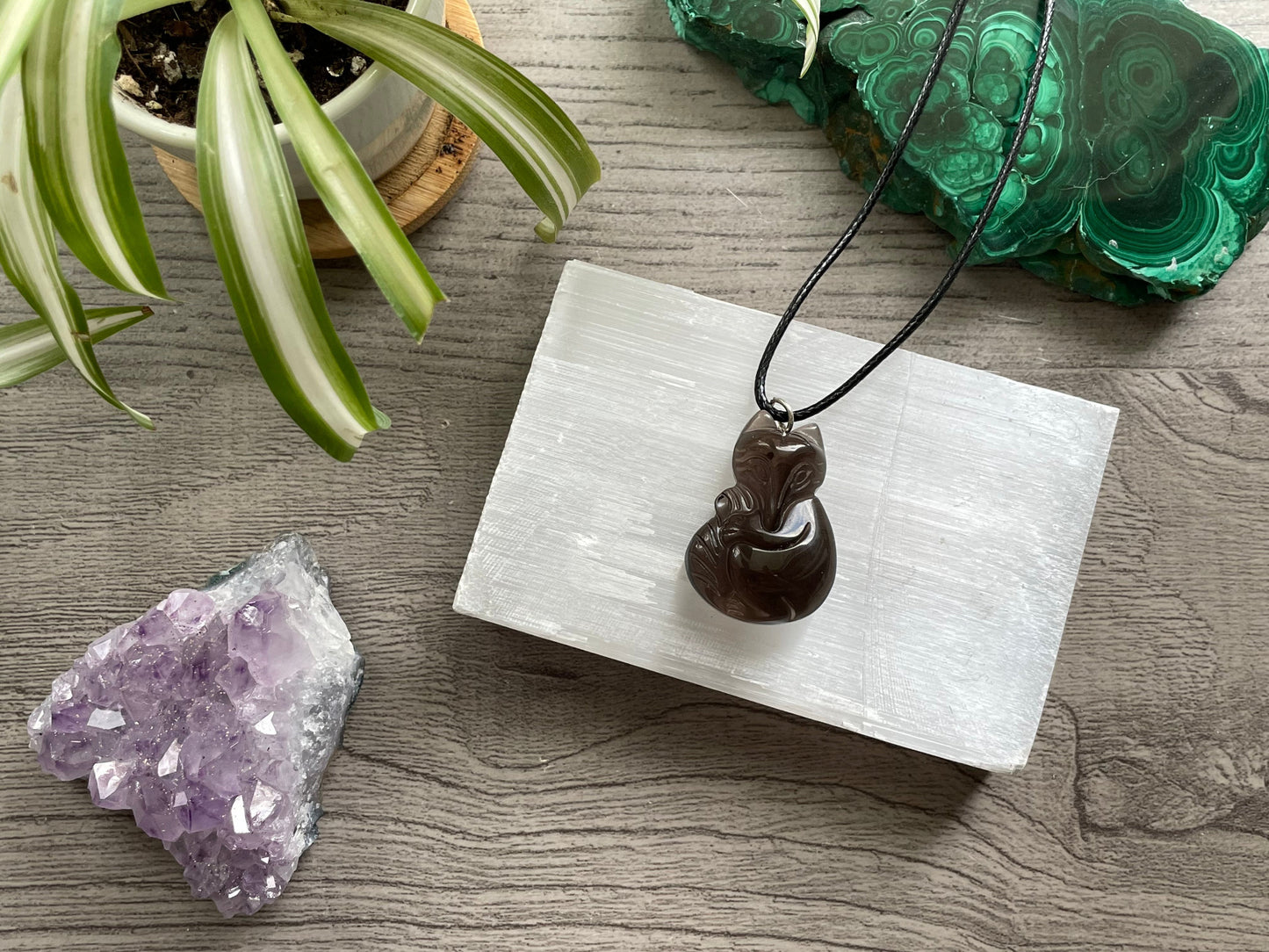 Smoky Quartz Fox Necklace Crystal Carving