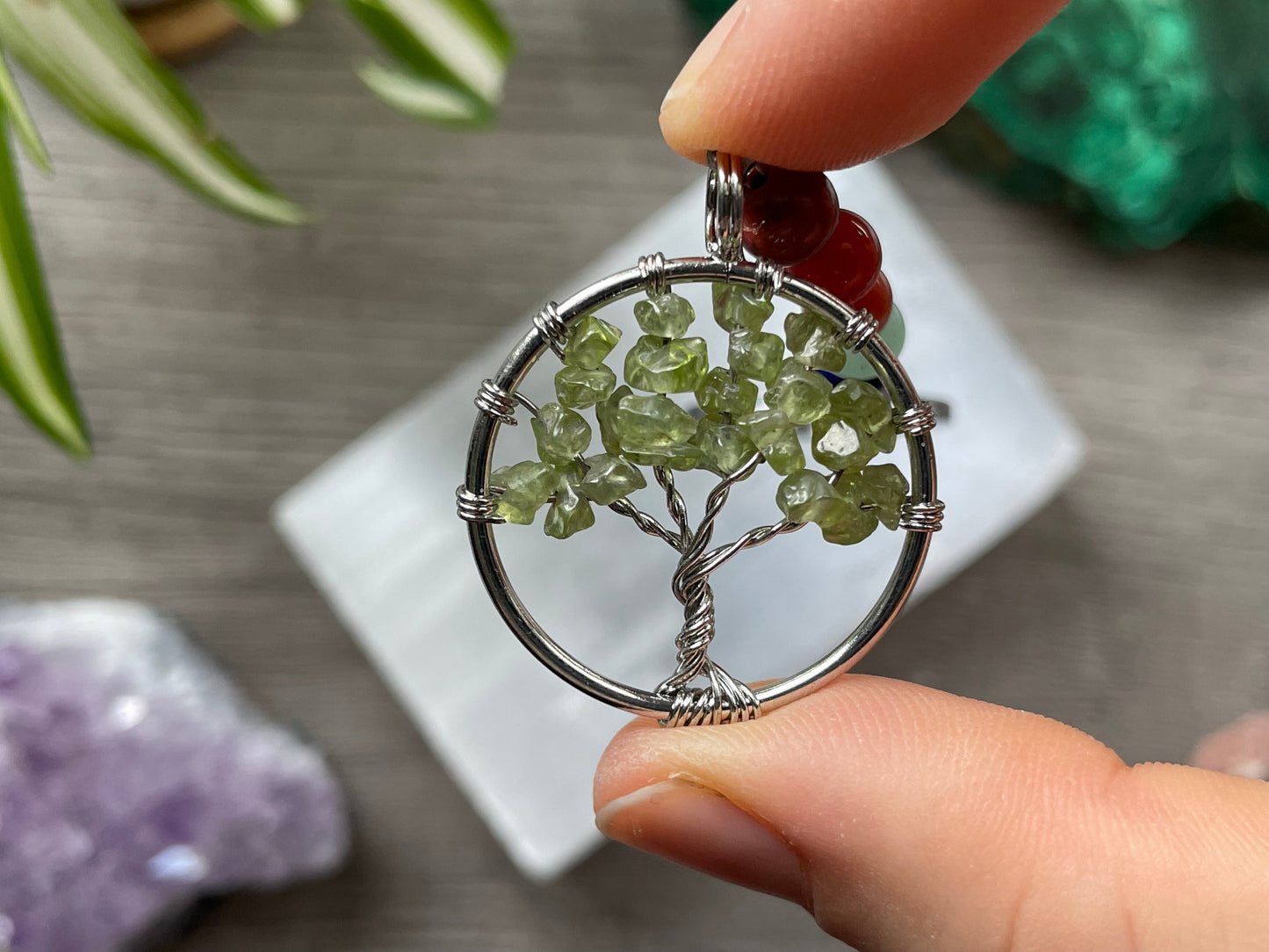 Peridot Crystal Tree of Life Keychain Close up