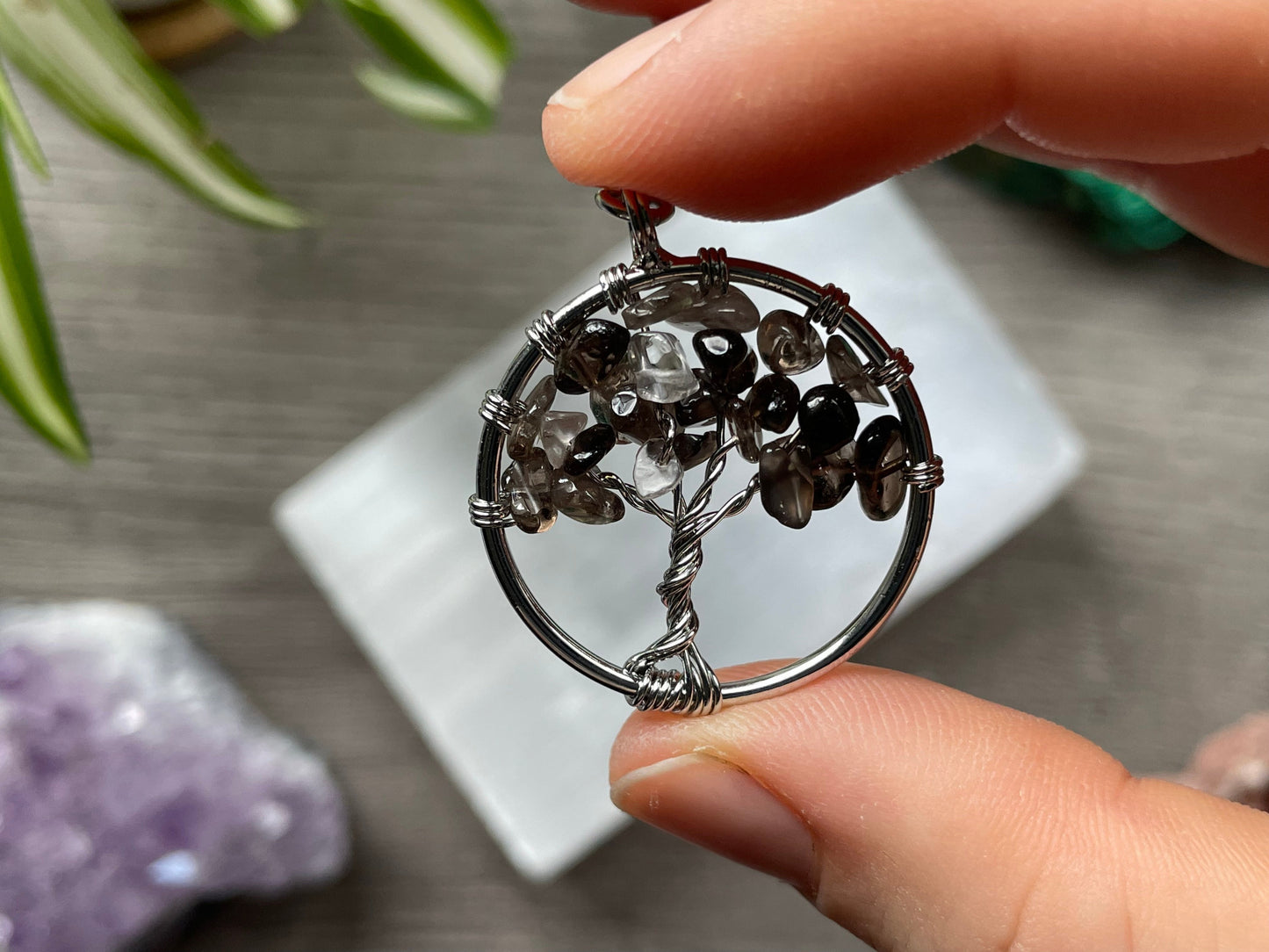 Smoky Quartz Crystal Tree of Life Keychain close up