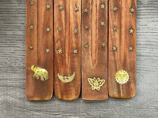 Wood with Brass Inlay Design Incense Holder close up