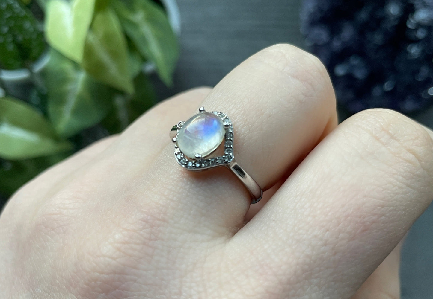 Pictured is a white moonstone gemstone set in an S925 sterling silver ring. White Moonstone S925 Sterling Silver Ring (H) - The Wandering Fox Emporium, Your Crystal Store side
