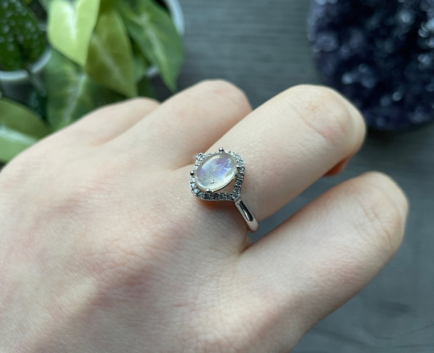 Pictured is a white moonstone gemstone set in an S925 sterling silver ring. White Moonstone S925 Sterling Silver Ring (G) - The Wandering Fox Emporium, Your Crystal Store side