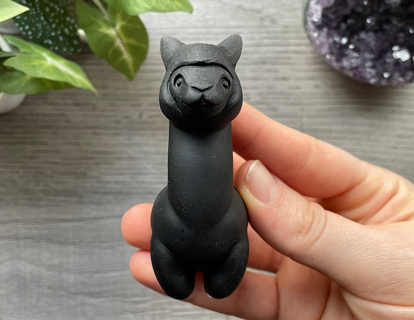 Matte Obsidian Alpaca / Llama Crystal Carving, front