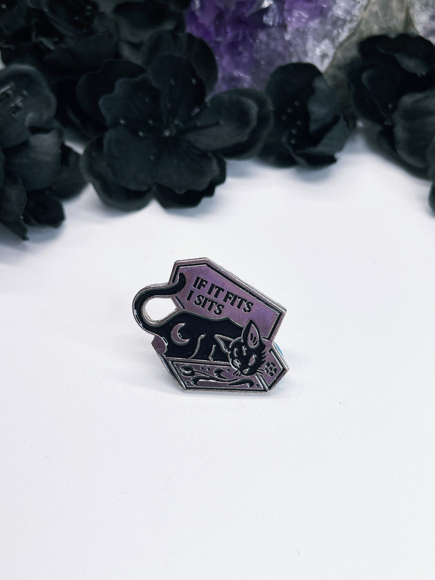 "If It Fits I Sits" Cat & Coffin Enamel Pin