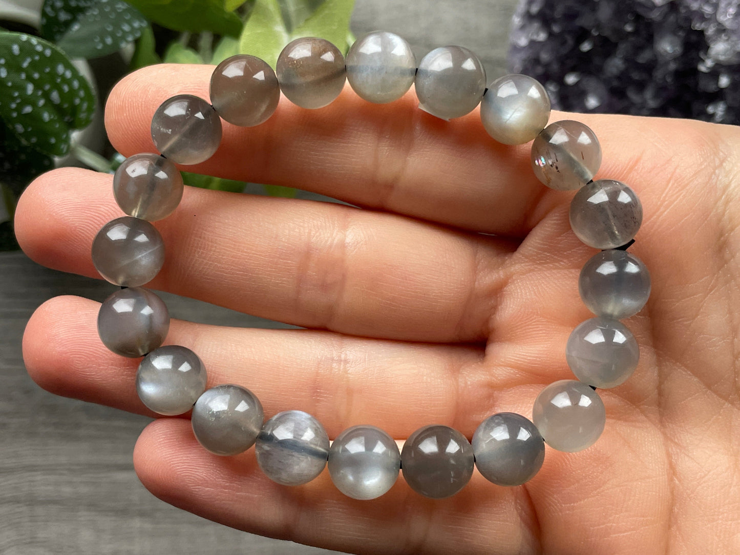 High Quality Grey Moonstone Bracelet 9.5mm - The Wandering Fox Emporium, Your Crystal Store close up