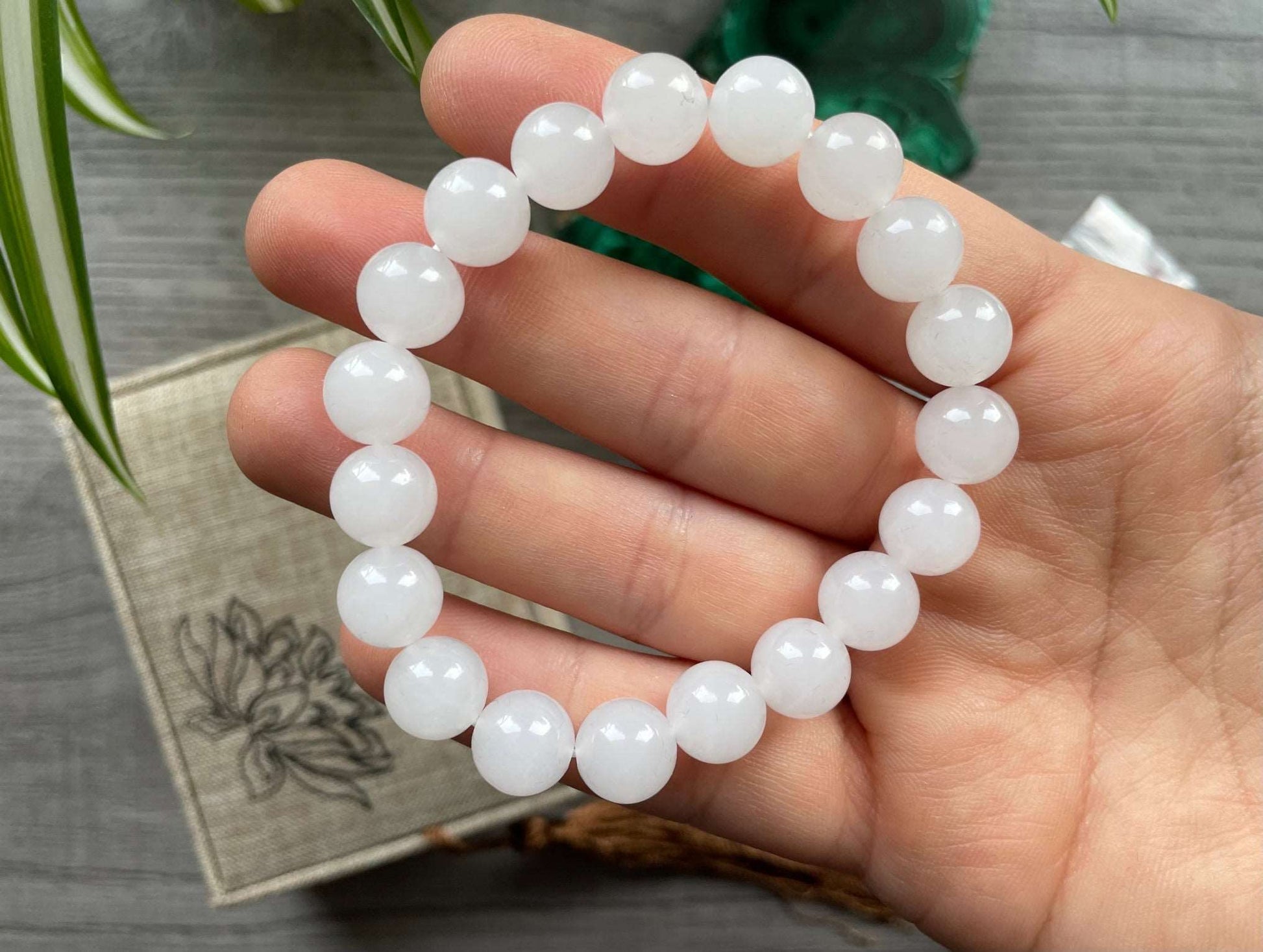 Genuine White Jade Bracelet with Decorative Box (8mm) - The Wandering Fox Emporium, Your Crystal Store close up