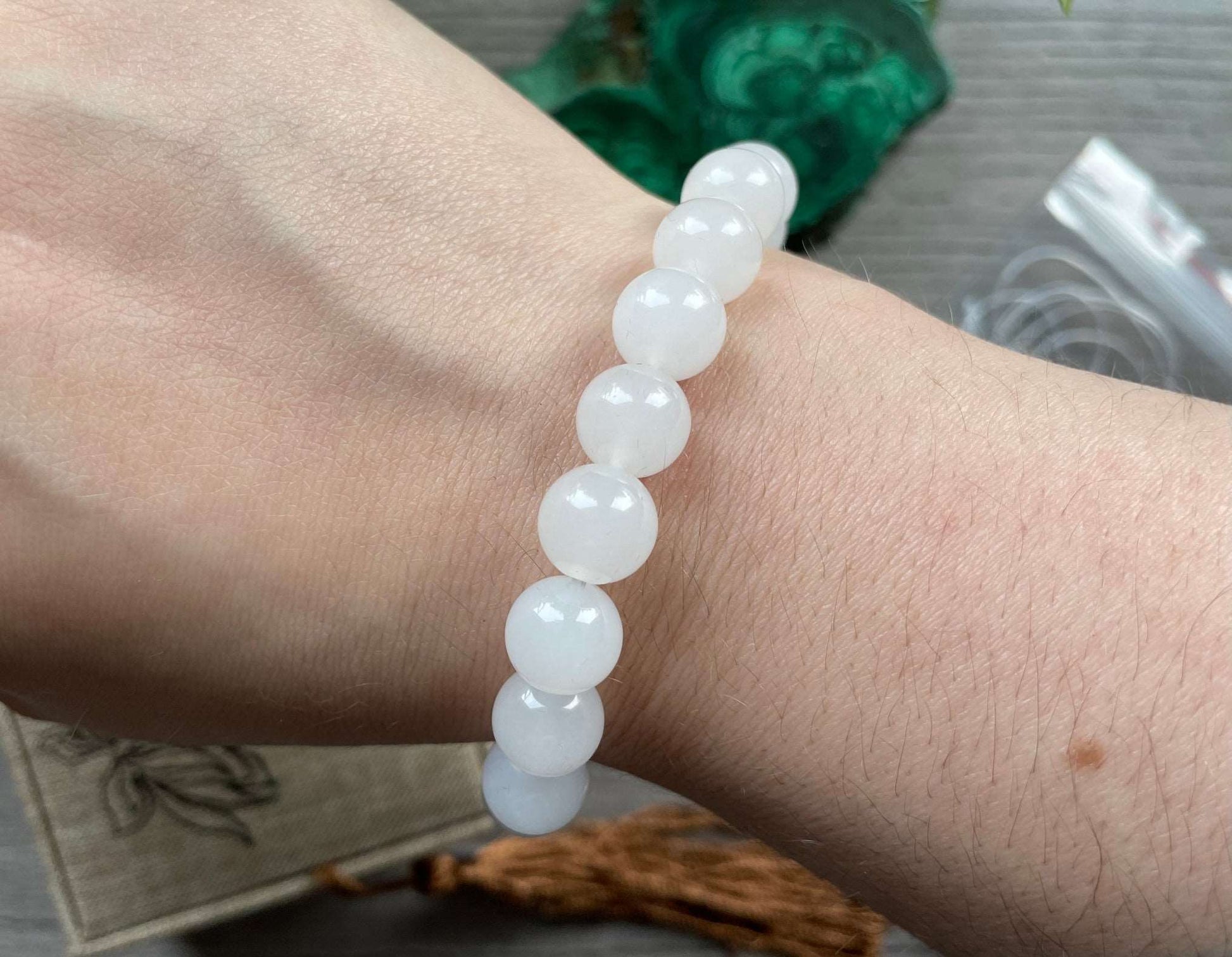 Genuine White Jade Bracelet with Decorative Box (8mm) - The Wandering Fox Emporium, Your Crystal Store example