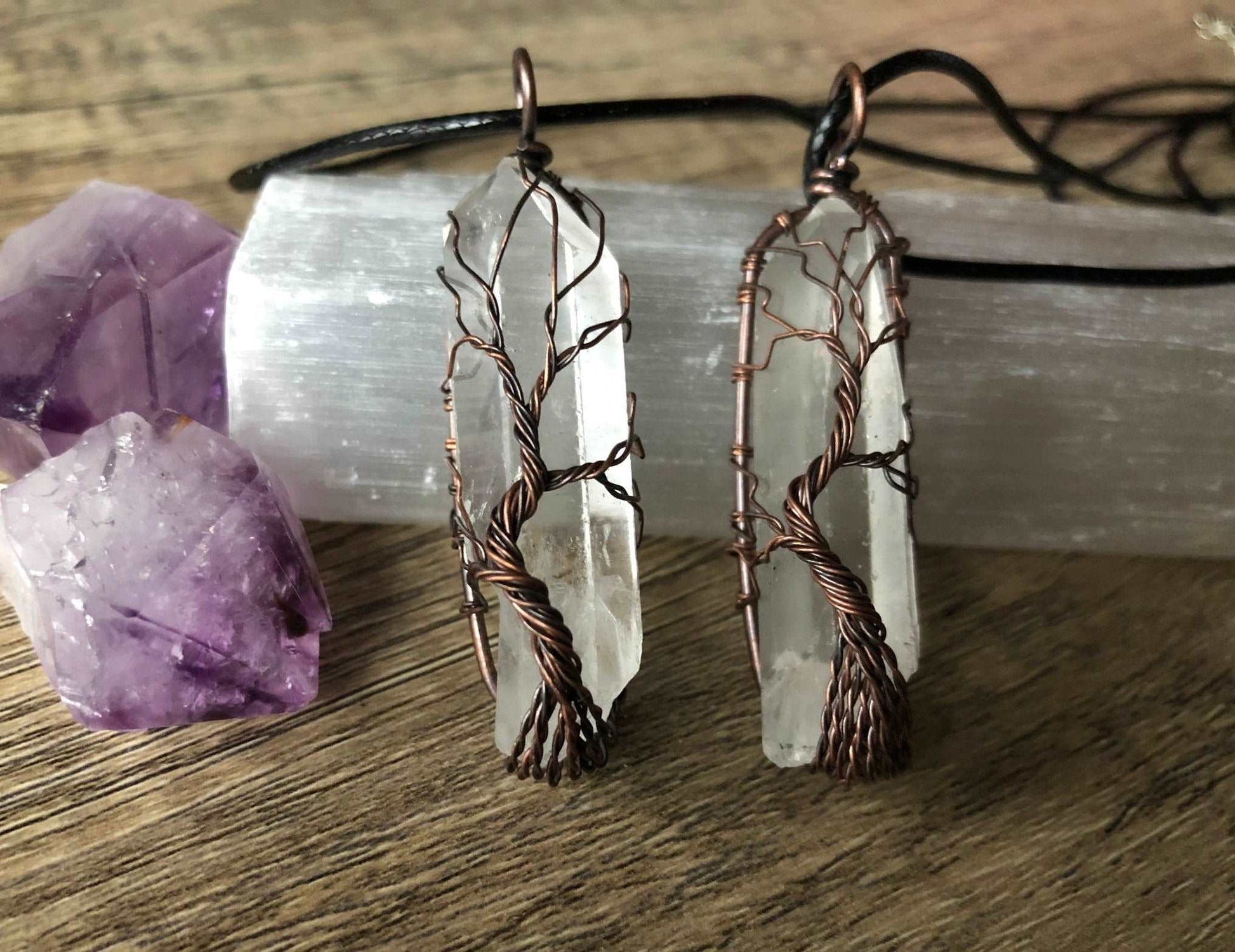 Clear Quartz Crystal Wire-Wrapped Pendant Necklace - The Wandering Fox Emporium, Your Metaphysical Store close up