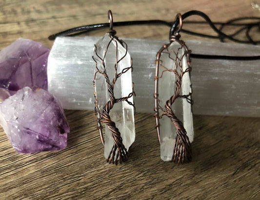 Clear Quartz Crystal Wire-Wrapped Pendant Necklace - The Wandering Fox Emporium, Your Metaphysical Store close up
