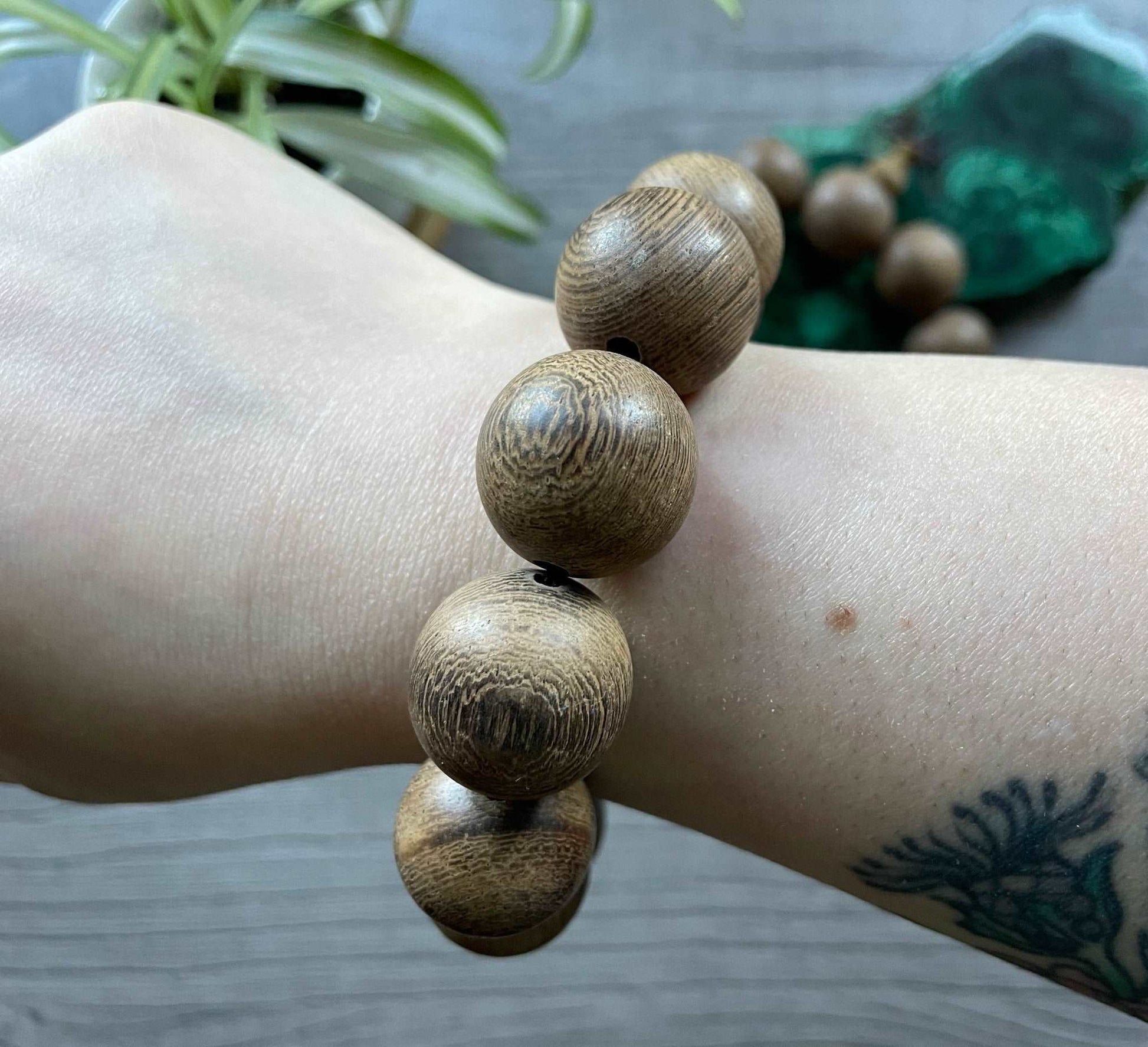 Buddhist Mala Wood Bead Bracelet (20mm) Zebra Wood - The Wandering Fox Emporium, Your Metaphysical Store close up