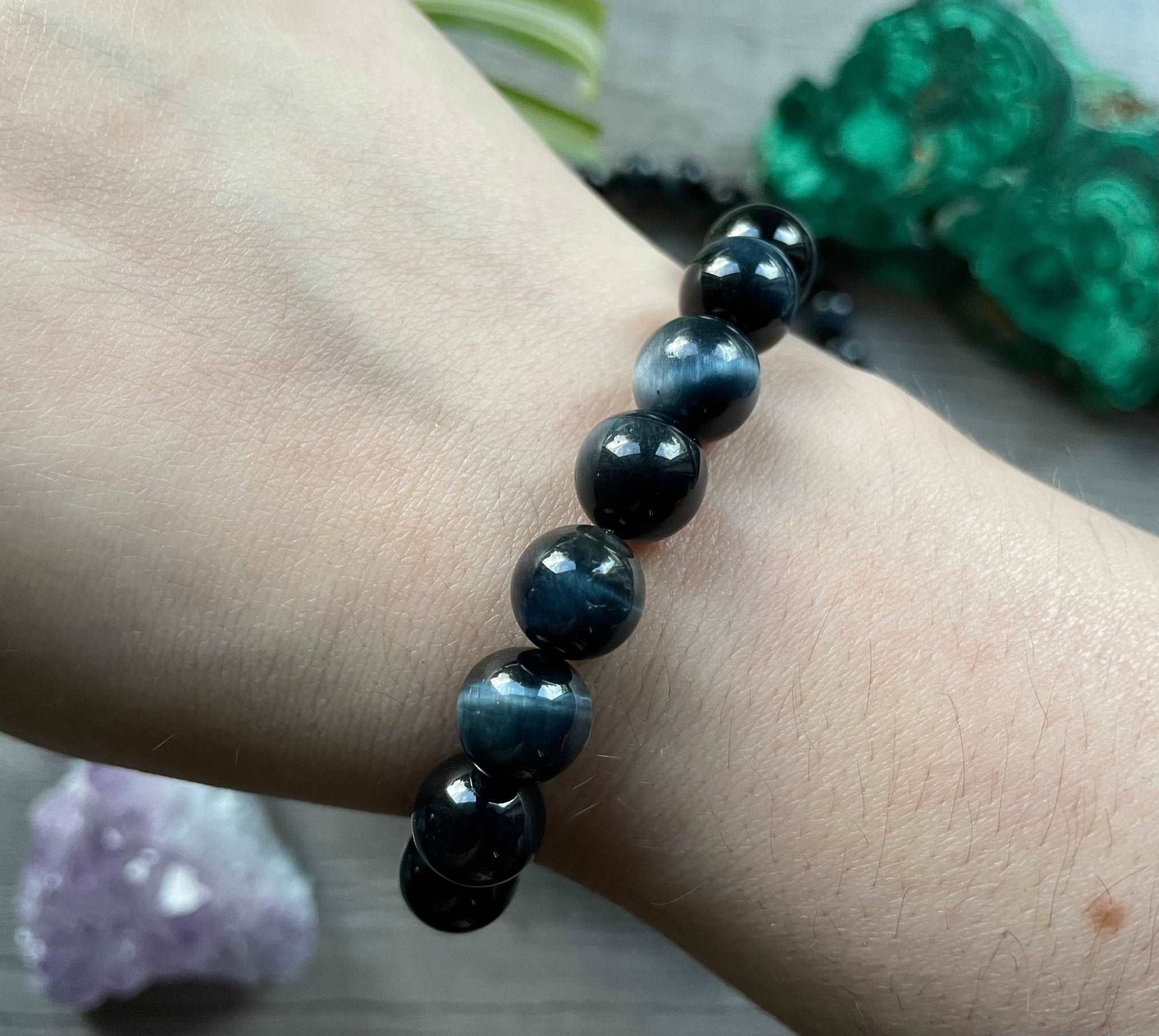 Blue Tiger's Eye Bracelet 10mm - The Wandering Fox Emporium, Your Crystal Store close up