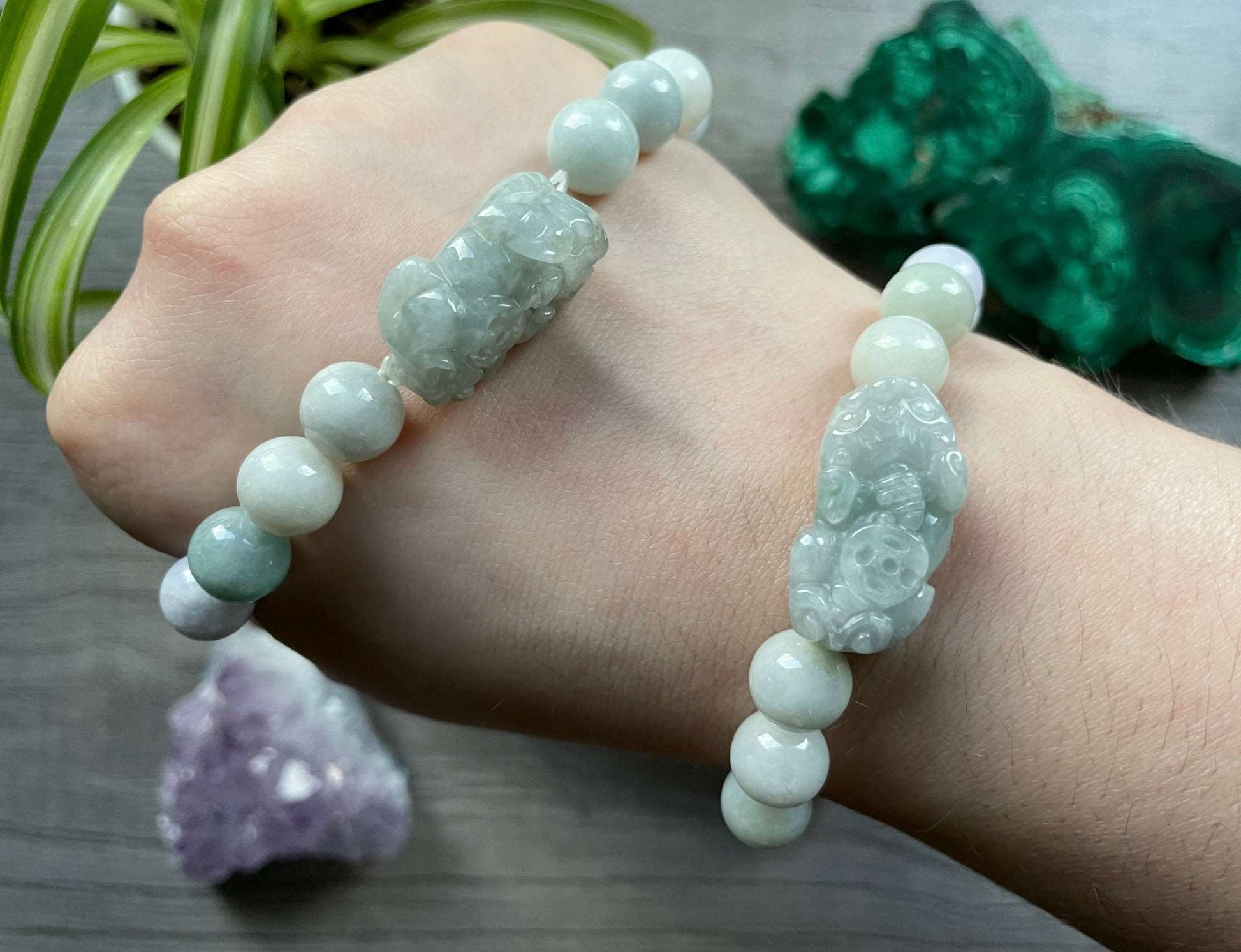 Genuine Hetian Jade Bracelet with Pixiu 10mm - The Wandering Fox Emporium, Your Crystal Store close up