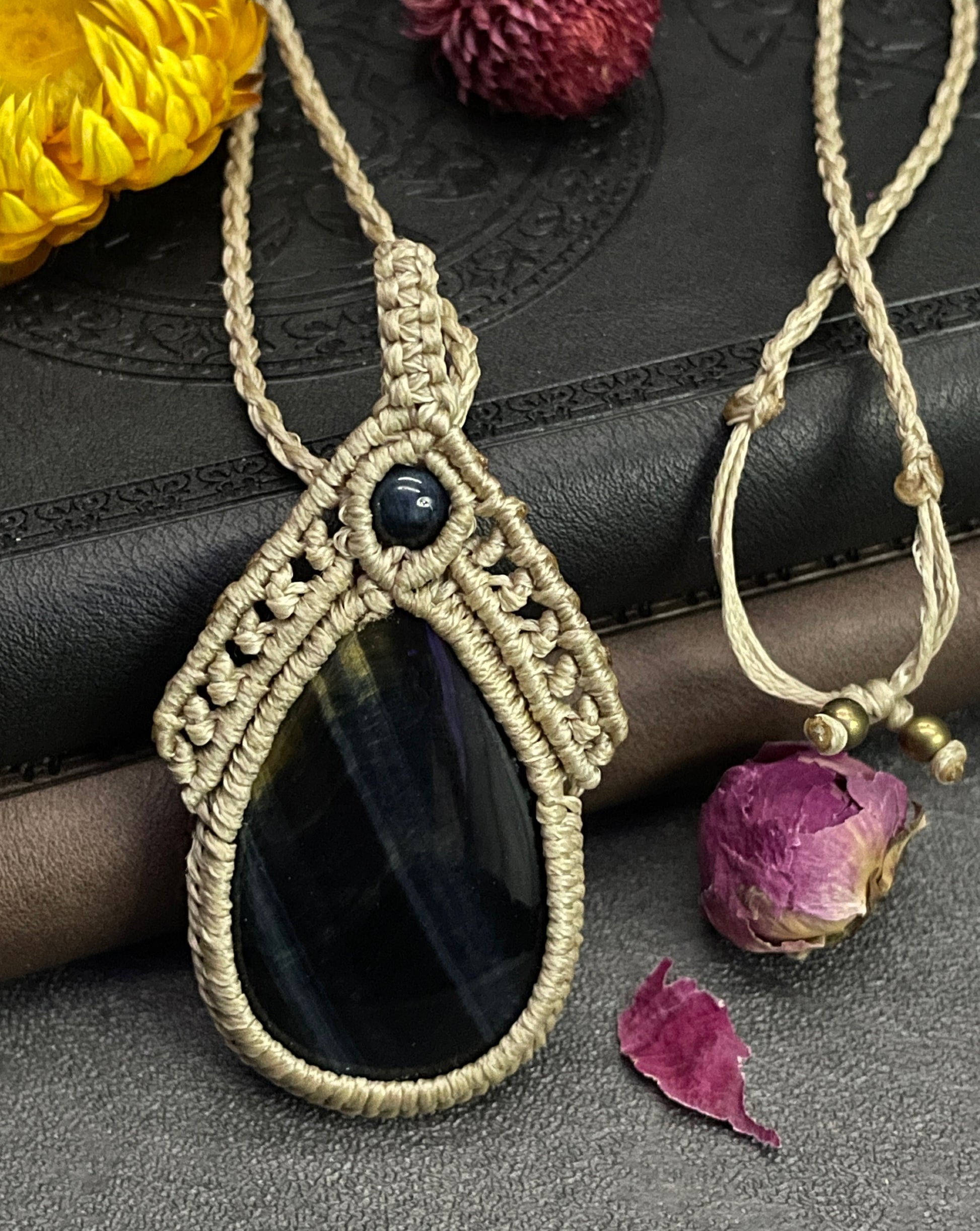 Blue Tiger's Eye Macramé Necklace (Twisted Nightshade Jewellery) - The Wandering Fox Emporium, Your Crystal Store close up