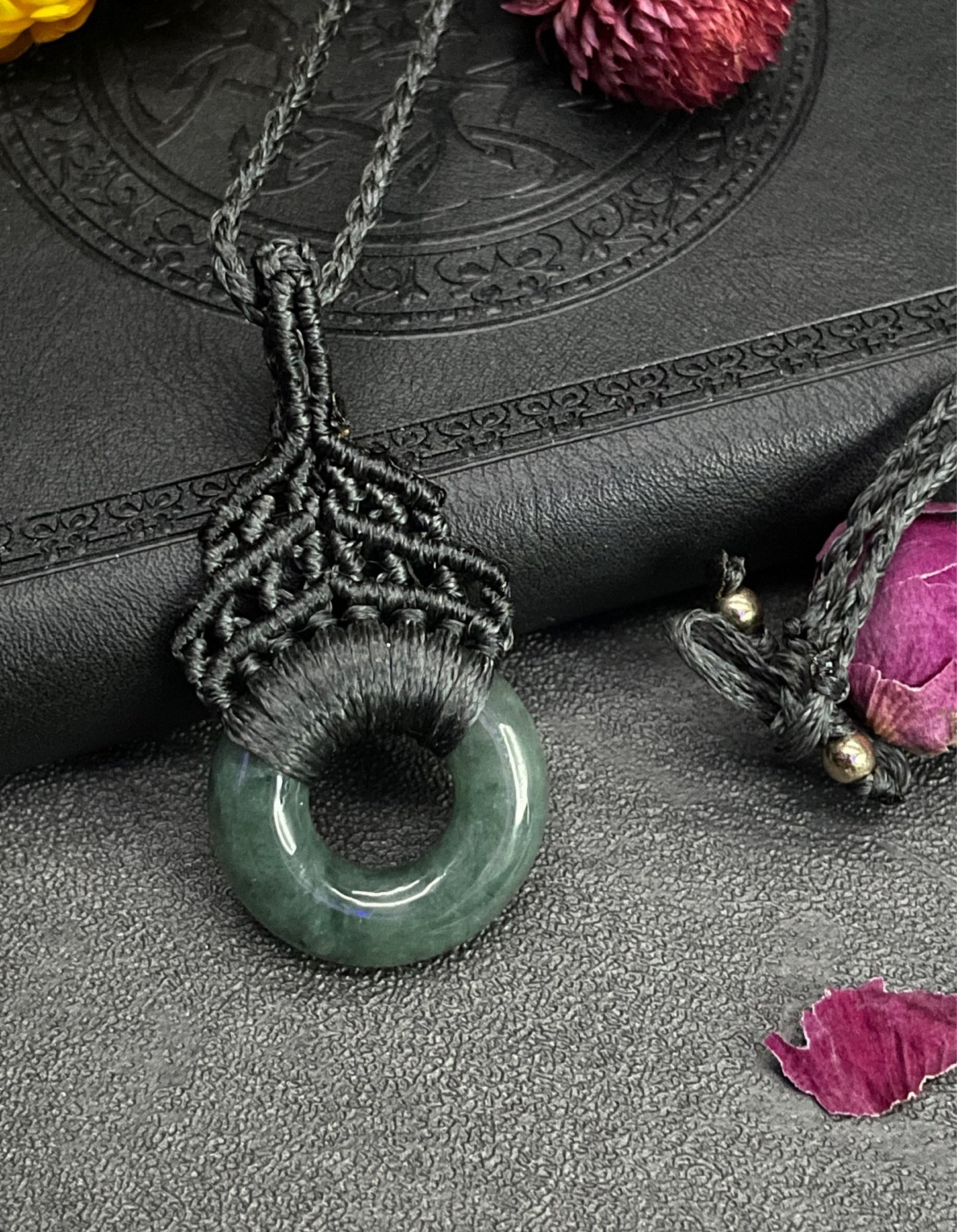 Genuine Jade Macramé Necklace (Twisted Nightshade Jewellery) - B - The Wandering Fox Emporium, Your Crystal Store close up