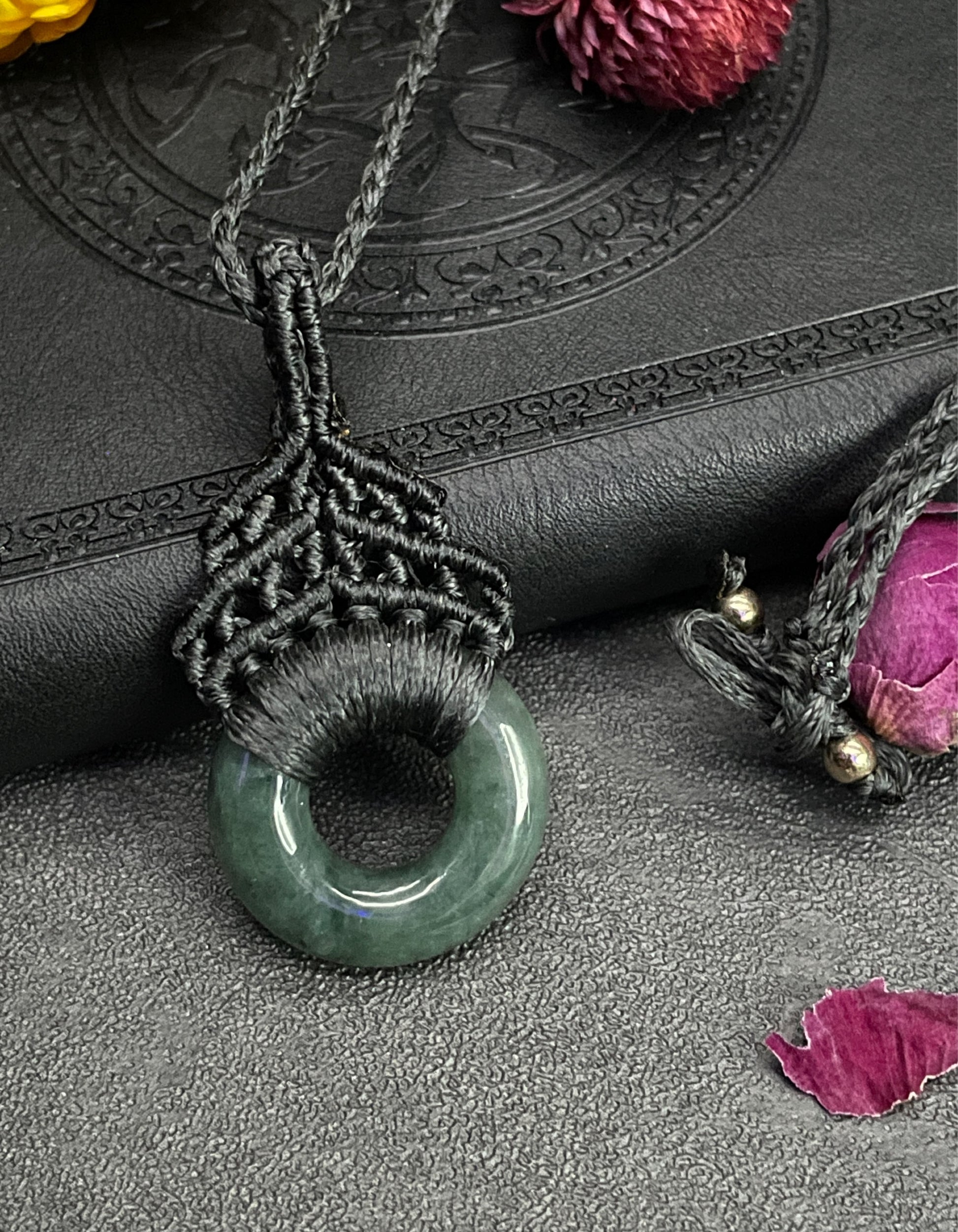 Genuine Jade Macramé Necklace (Twisted Nightshade Jewellery) - B - The Wandering Fox Emporium, Your Crystal Store close up
