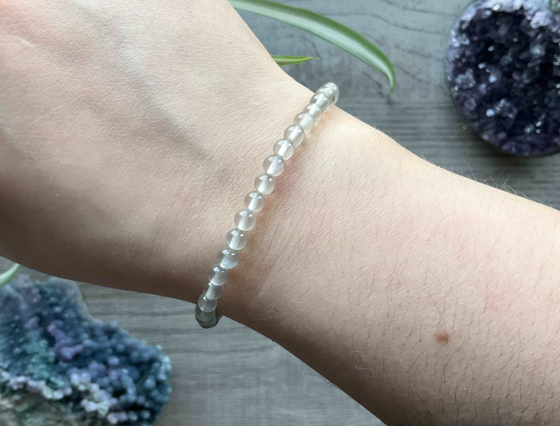 Grey Moonstone Bracelet 4mm - The Wandering Fox Emporium, Your Crystal Store close up
