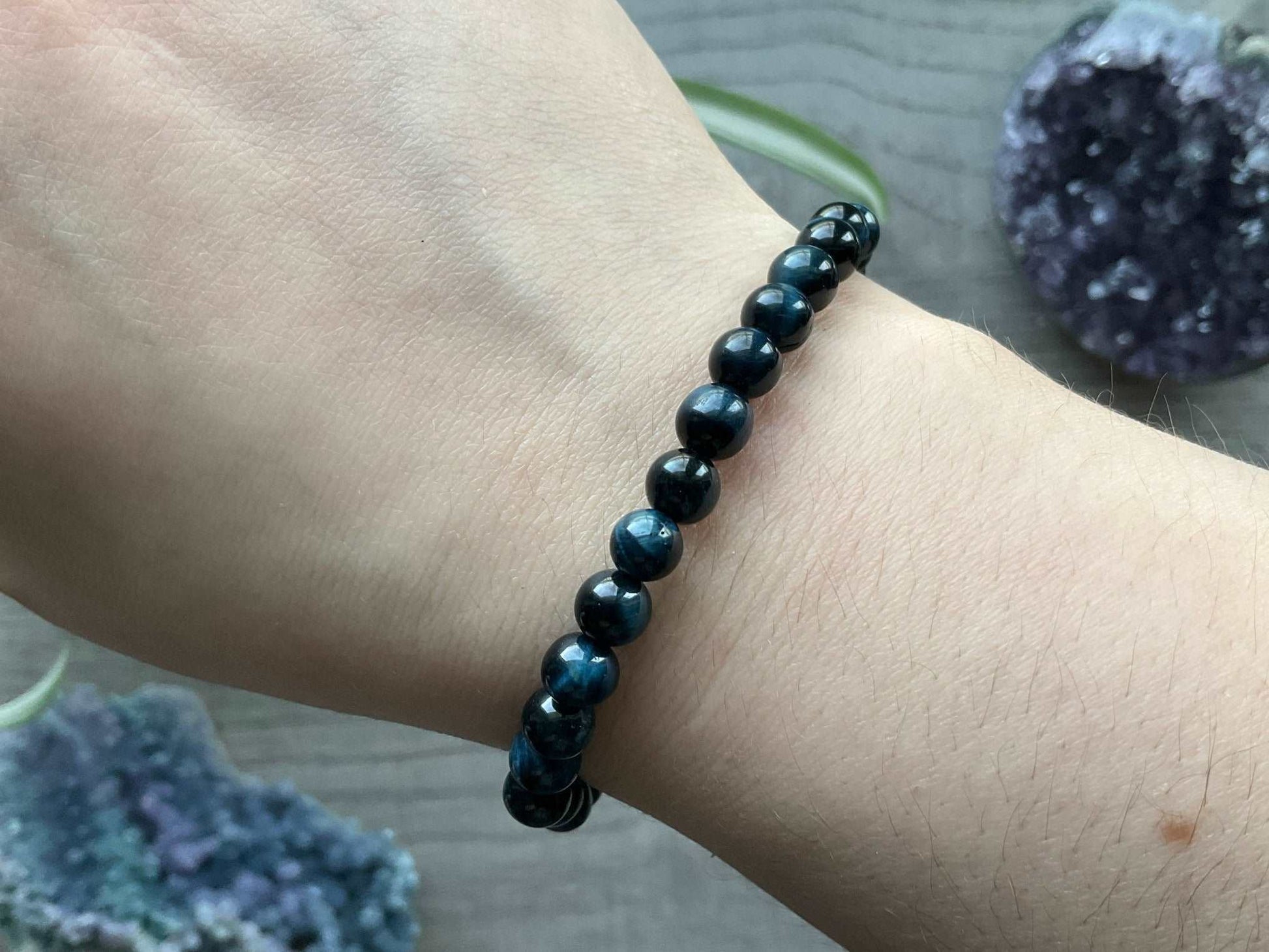 Blue Tiger's Eye Bracelet 6mm - The Wandering Fox Emporium, Your Crystal Store close up