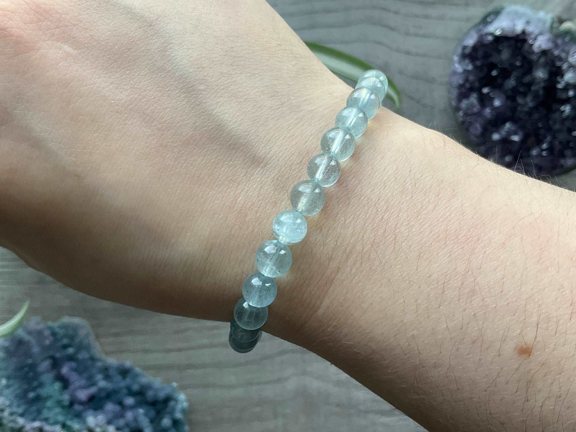 Aquamarine Bracelet 6.5mm - The Wandering Fox Emporium, Your Crystal Store close up