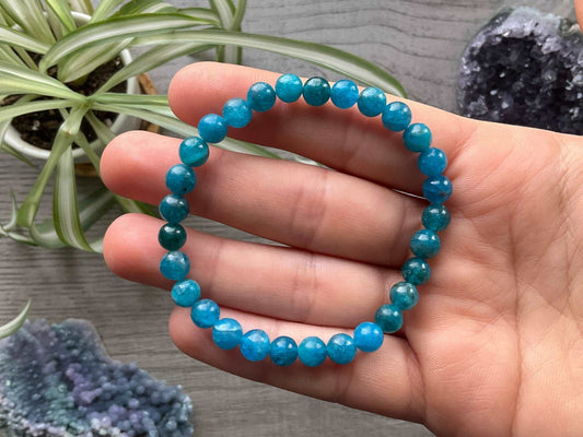 Blue Apatite Bracelet 6.5mm - The Wandering Fox Emporium, Your Crystal Store