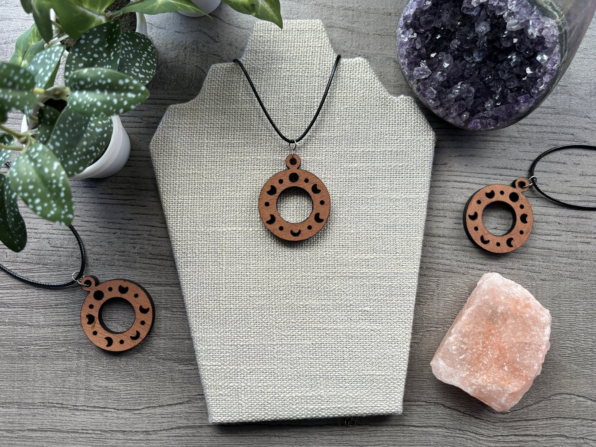 Mahogany Moon Phases Necklace close up