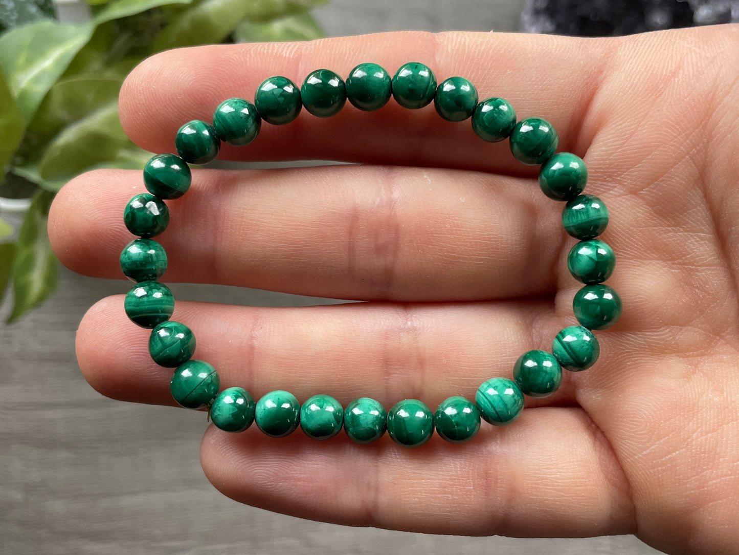 Malachite Bracelet (6mm) Z - The Wandering Fox Emporium, Your Crystal Store close up
