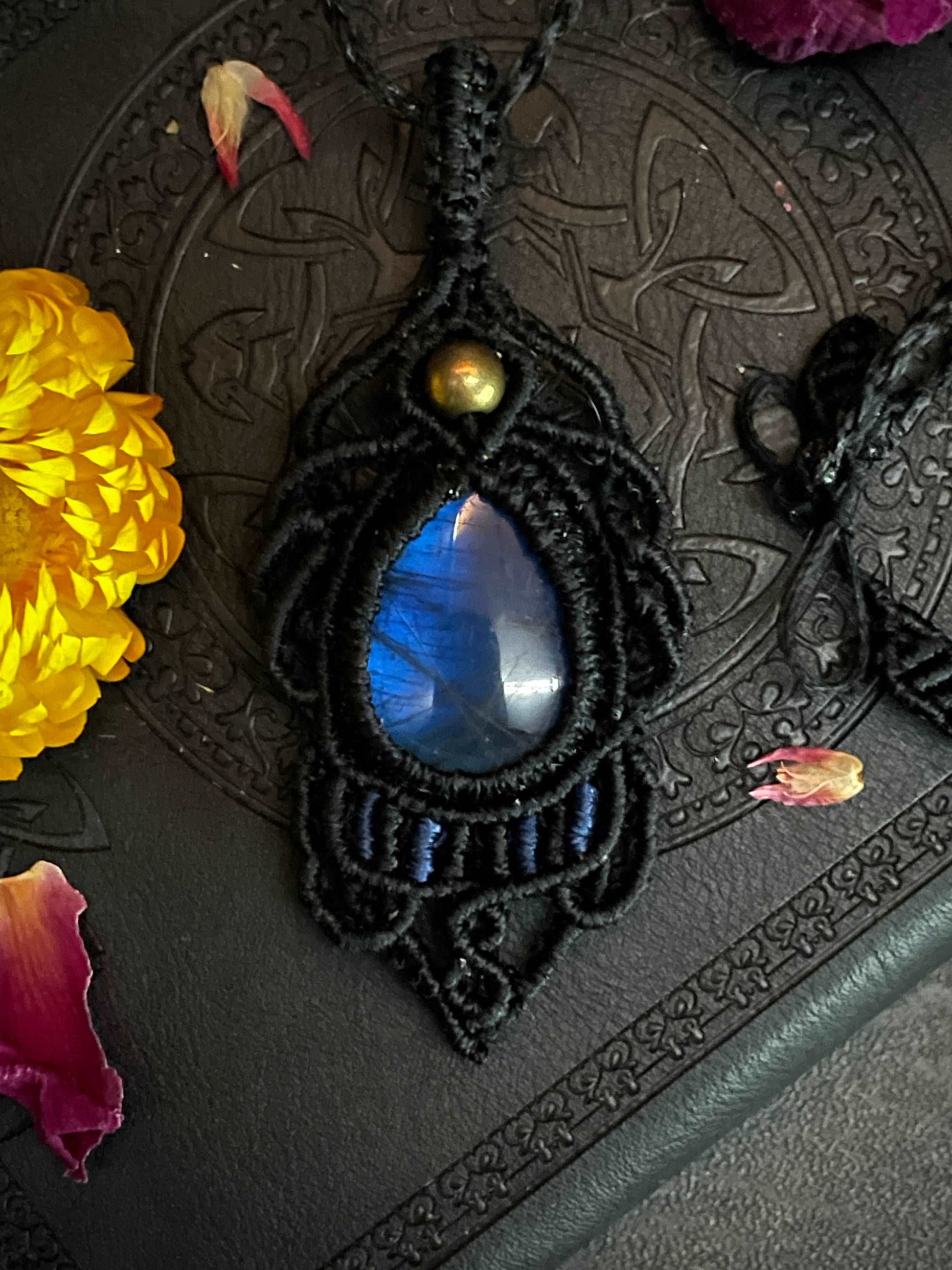 Electric Blue Labradorite Macramé Necklace (Twisted Nightshade Jewellery) - The Wandering Fox Emporium, Your Crystal Store close up