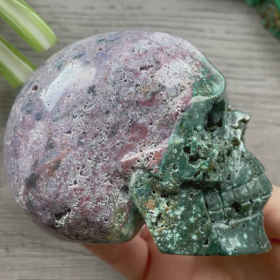 Pictured is a large skull carved out of ocean jasper or river jasper. Ocean Jasper Crystal Skull .55kg - The Wandering Fox Emporium, Your Metaphysical Store video
