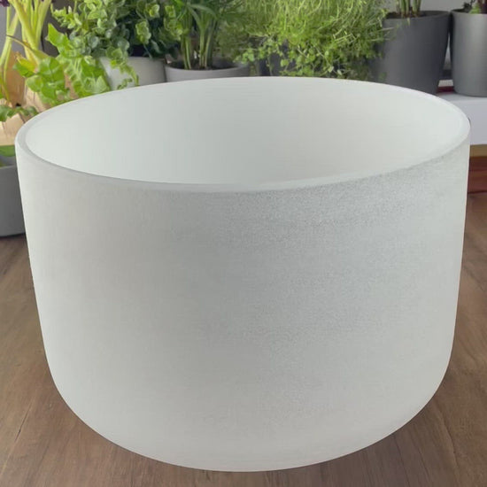  A photo of a quartz crystal singing bowl and a mallet on a wooden surface. The crystal singing bowl is made of clear quartz and has a smooth, round shape. 13" Crystal Singing Bowl (Frosted White) C4 video